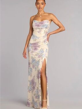Windsor Strapless Floral Sequin Gown in Cream, Lavender, Light Blue